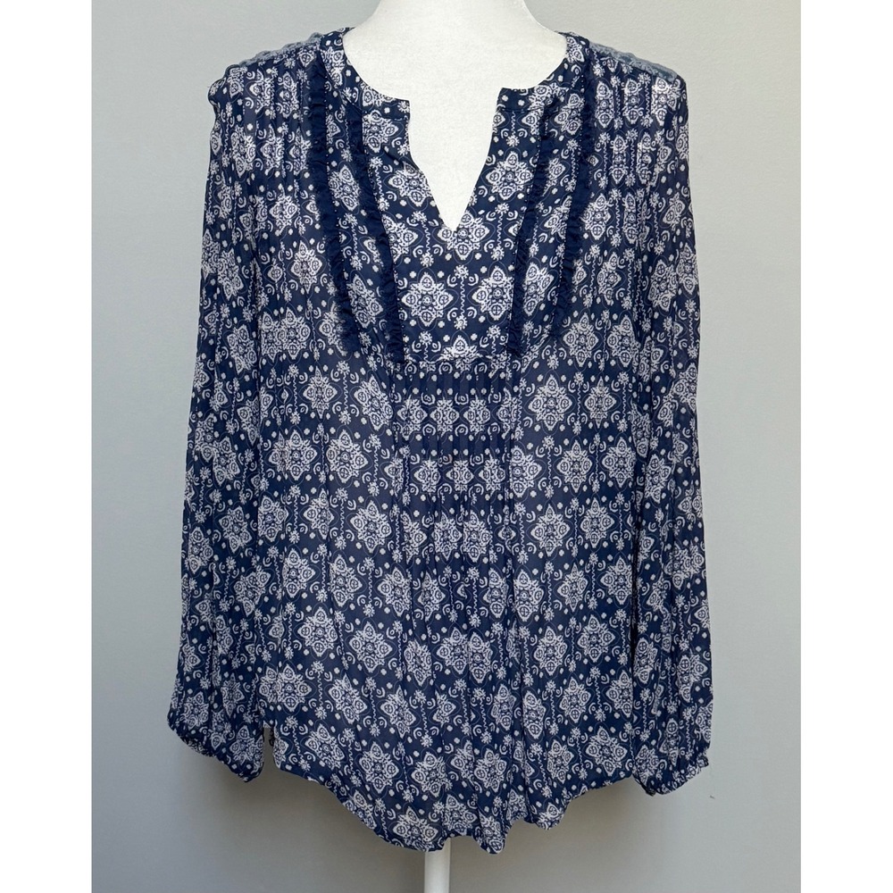 Sundance Women's Small Blouse Top Navy Blue White Floral Sheer Long Sleeve